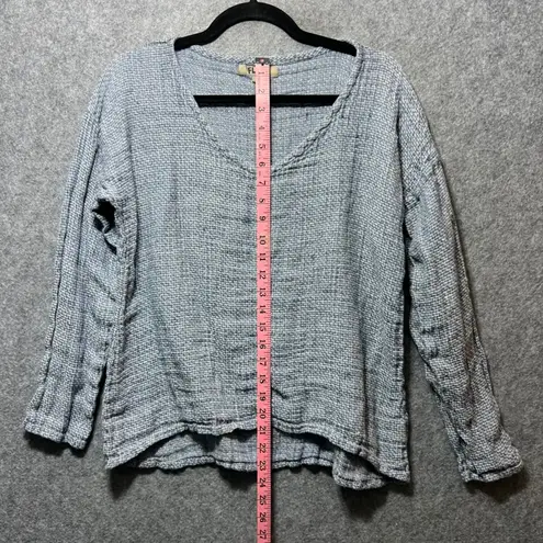 Flax Linen Waffle Knit Textured Top Gray Long Sleeve Scoop Neck Small