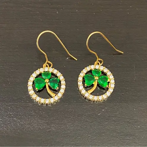 Goldplated CZ Emerald Green Crystal Glass Shamrock Lucky Clover Leaf Earrings