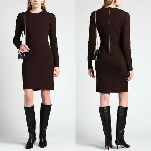 Givenchy 4G Monogram Knit Sheath Long Sleeve Dress in Chocolate Brown