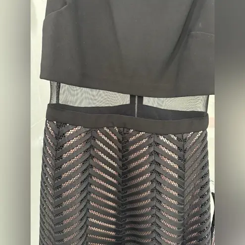 Betsy and Adam Betsey & Adam Black Tan Chevron Stripe Semi Sheer Waist Fit & Flare Dress