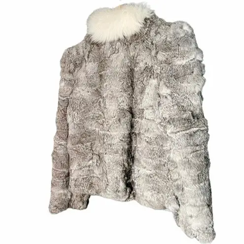 Vintage 80s Rabbit Fur Fox Tail Short Jacket Coat Made in Hong Kong Size Medium Gray
