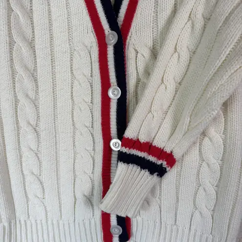 Vintage Full Fashioned Sweater Womens Medium Cable Knit Cardigan 80s Red Blue White