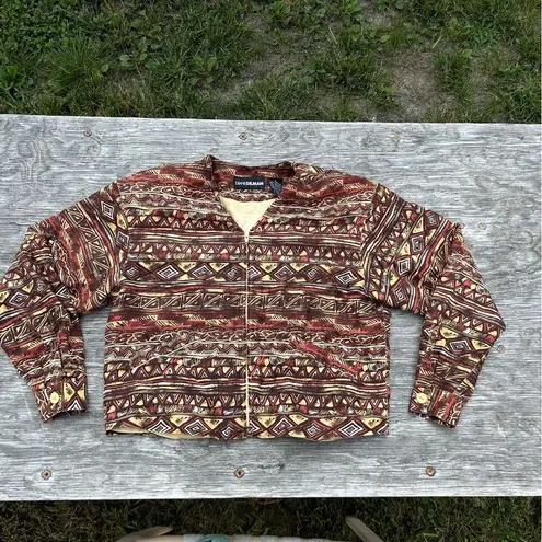 Diane Gilman Vintage 90s Blazer Cropped Zip Jacket Silk Aztec Bomber medium fall