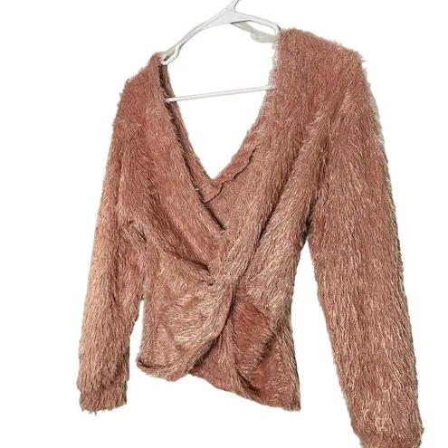 Lush Clothing Lush Rosewood Pink Shaggy V-Neck Knot Back Sweater Size Small