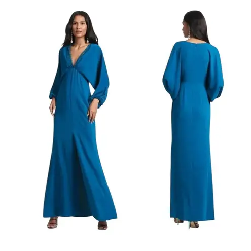 Sachin + Babi Womens Size 6 Teal Gabby V Neck Long Sleeve Beaded Maxi Gown NWT