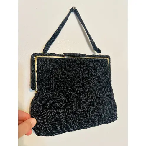 Vintage 70s/80s Black Beaded Embroidered Clutch Closure Beaded Handled Handbag