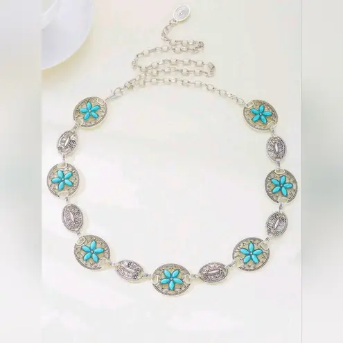 Turquoise Silver Color Vintage Carved Flower Style, Waist Chain Belt