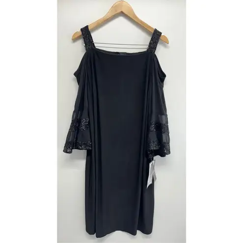MSK Dress Size 1X Sequined Cold Shoulder Shift Bell Sleeve Knee Length NEW Black