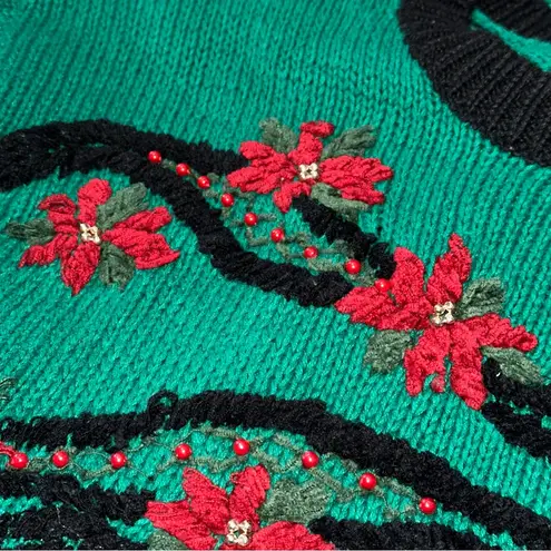 Ashley Hill Vintage Women’s Size M Green Christmas Swans Poinsettia Knit Sweater Size M