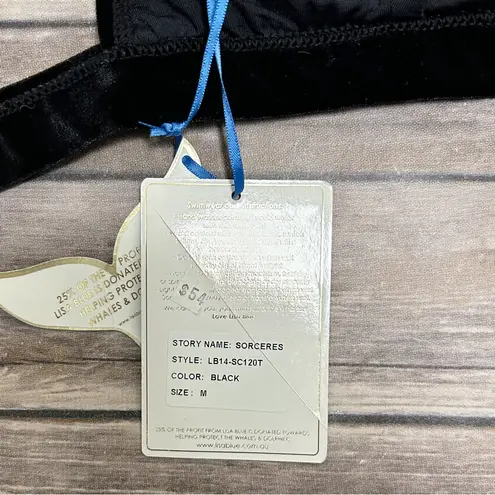 Lisa Blue Black Velvet Sorceres Halter Bikini Top NWT Medium Tie Gold Tone Charm