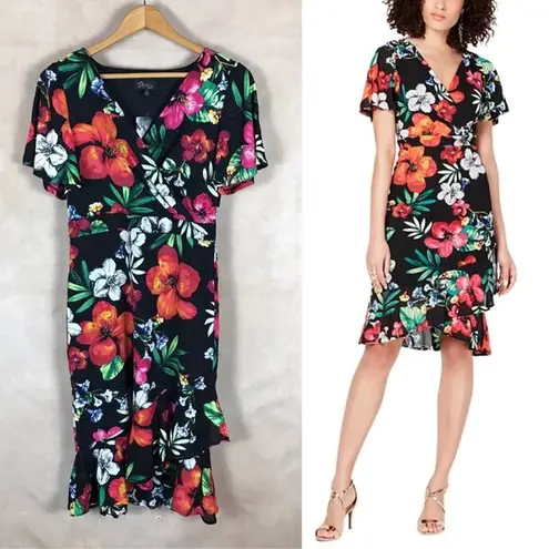 Thalia Sodi Black Floral Faux-Wrap Ruffled Dress NWT SMALL