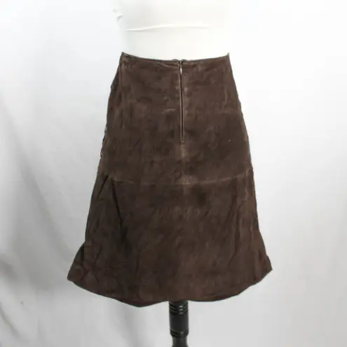 Vintage 1990s Chocolate Brown 100% Leather Sueded Skirt with Side Stitch Size 8