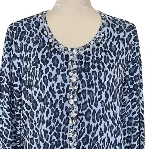 Quacker Factory Quaker Factory Blue Leopard Print Rhinestones Beaded Cardigan Women’s Size L - Image 2