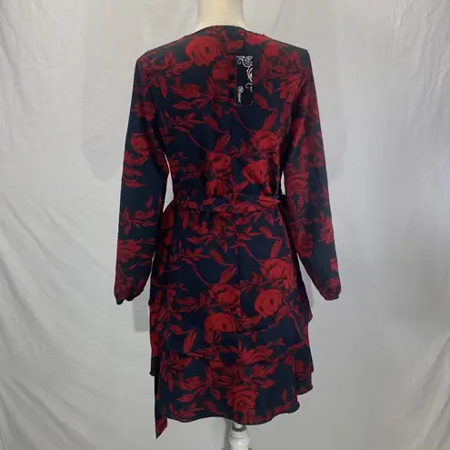 Uguest V-neck Ruffled Black and Red Floral Mini Dress Size Medium NWT