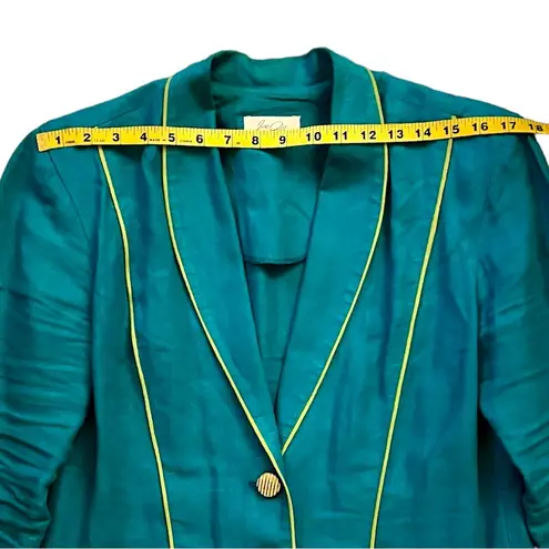Vintage Teal Linen Blazer w/ Neon Green Piping Size M