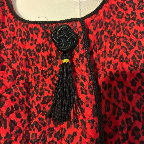 Vtg 80's Maggy London 100% Silk Jacket Womens Sz 14P Red Black Leopard Coat