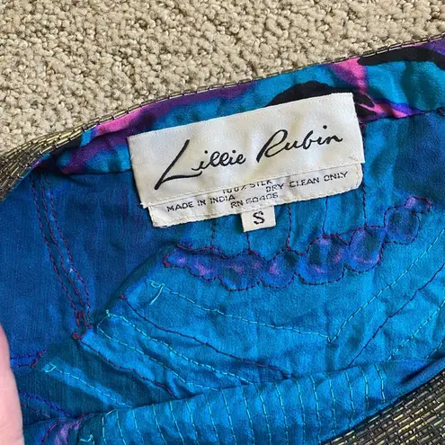 Authentic Vintage Lillie Rubin silk sequin beaded geometric abstract blouse 1980 Purple