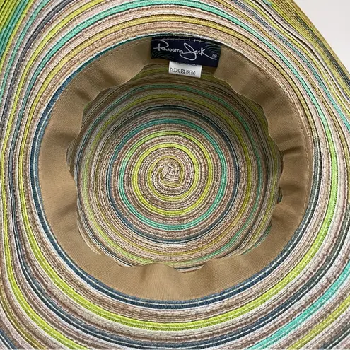 Panama Jack Hat Sun Straw Paper Wide Brim Beach Travel Striped Green Yellow Grey