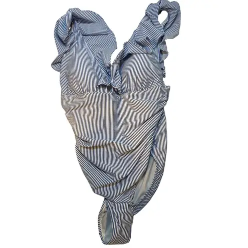 J Crew NWT Striped Ruffle Plunge One Piece Swimsuit Navy White Size 12 Blue