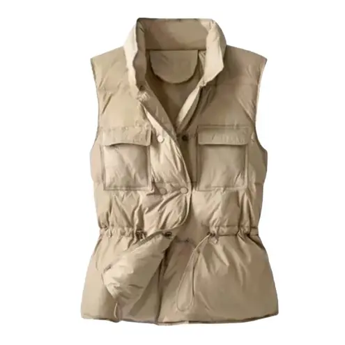 Boutique Womens Down Puffer Vest Drawstring Waist Khaki Tan Button Close Small