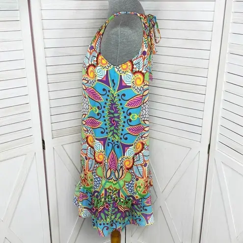 Jade Melody Tam Multi Floral Print Ruffle Hem Tunic Halter Dress Medium Blue - Image 2