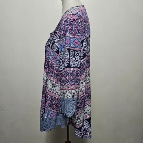 Emerald Blue & Magenta Geo Lace Trim Gauze Blouse Size Medium