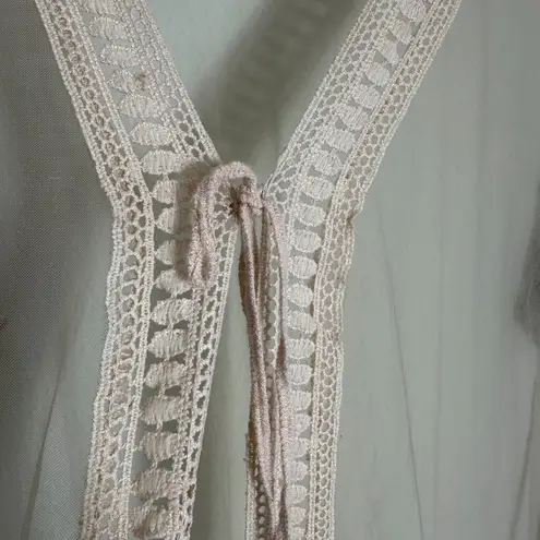 Sheer Embroidered Floral Kimono Duster S Cardigan Boho Crochet Trim Fringe Hem Tan