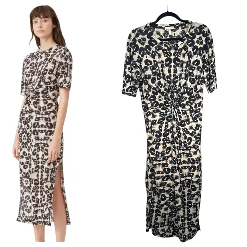 Rebecca Taylor Kaleidoscope Jersey Linen Dress Midi Slit Ruching Size Large