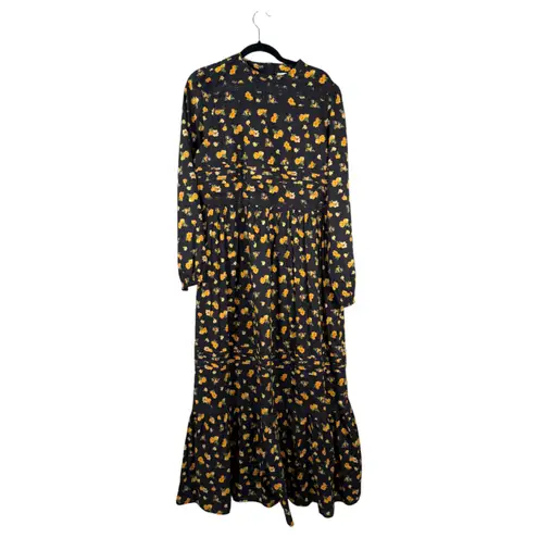 ASOS  Modest Long Sleeve Floral Tiered Black Yellow  Maxi Dress 12 NEW with Tags
