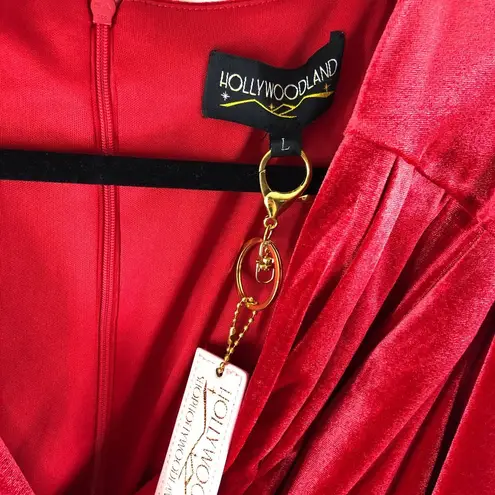 Hollywoodland Red Velvet Fifth Avenue Wrap Wiggle Dress Faux Fur Trim V Neck L Size L