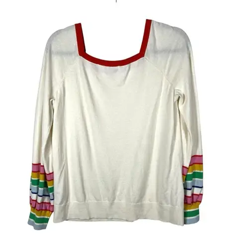 Boden Women’s Sz 8 White Rainbow Stripe Sleeve Square Neck Knit Sweater Wool White