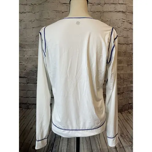 Athleta White Work Out Long Sleeve Shirt Blue Sticthings Womens L