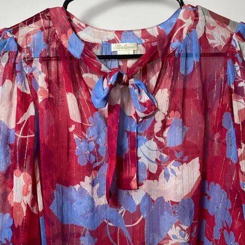 Shoshanna Floral Tie-Neck Long Sleeve Sheer Blouse Pink/Blue Sz Small