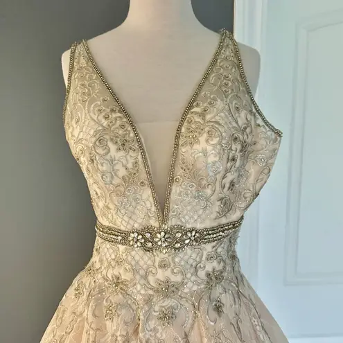 Mac Duggal Blush Champagne Lace Rhinestone Bling Gown Wedding Dress 50525D