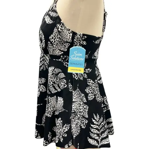 Swim Solutions Empire Waist Tummy Control Spotted Leaf Black Swim Dress Large