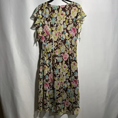 JBS LTD Floral Dress Brown Pink Blue Green Ruffle Sleeve V Neck Fairy Boho 14