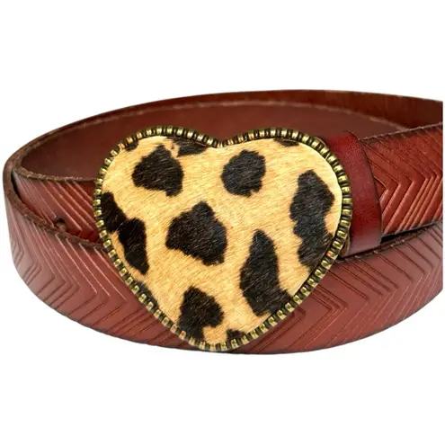 Leopard Heart Buckle Western Chevron Embossed Leather Belt Brown Calf Hair Boho Size L