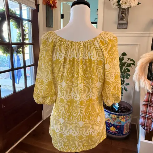 Anthropologie Edme & Esyllte EUC Balloon Sleeve Beaded/Sequin Damask Blouse SILK Yellow Size 8