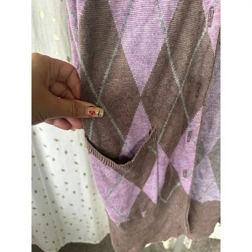 Plenty By Tracy Reese Brown Lavender Argyle Button Down Duster Long Cardigan S