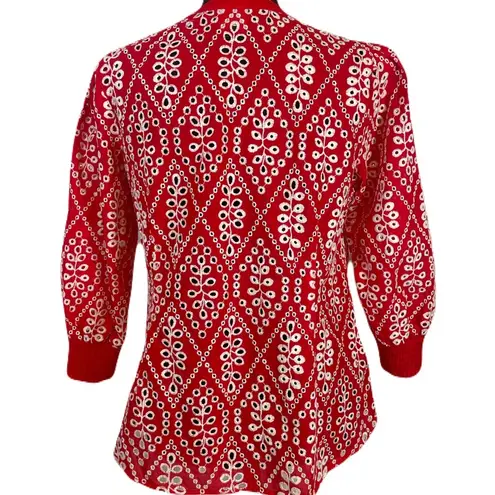 CAbi  Lyric Top Sz S Red & White Embroidered Eyelet Puff Sleeve Button Front EUC