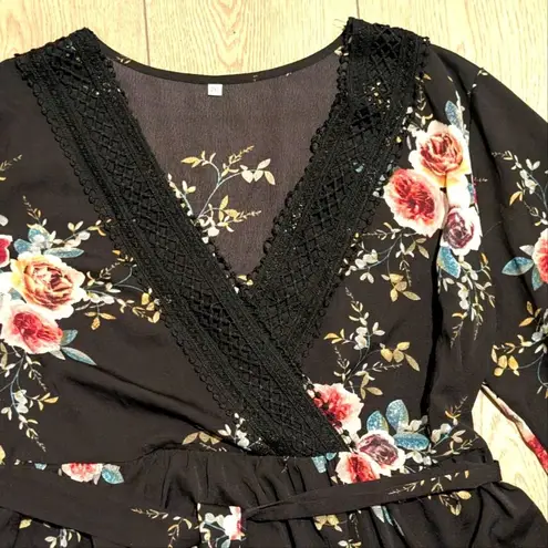 Plus Size 2X 2XL Black Floral Babydoll Mini Dress Kimono Empire Waist