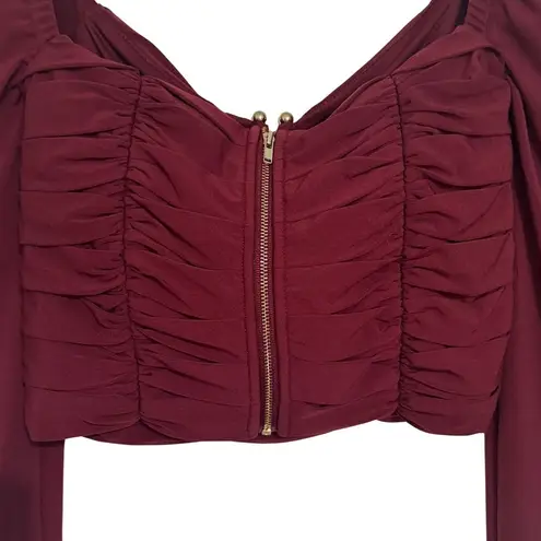 SELF PORTRAIT Cropped Long Sleeve Draped Gathered Knit Blouse Burgundy Top Sz 0 Red
