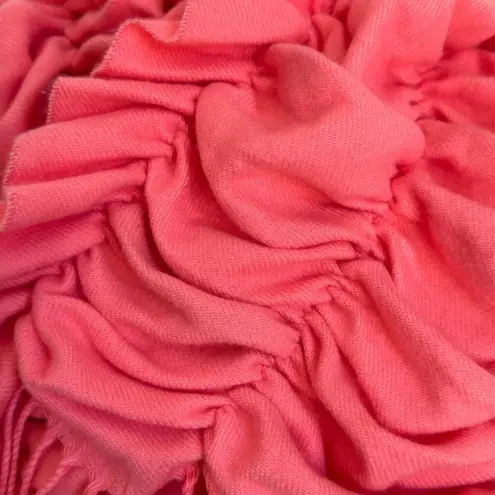 So Soft! Smocked Ruffled Coral Acrylic Scarf With Fringe Cashmere Feel Pink