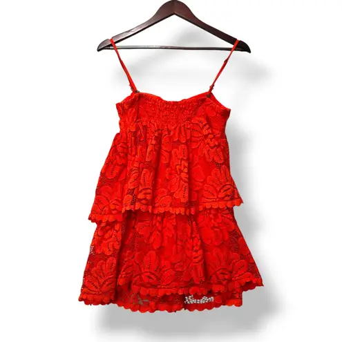 Maeve Anthropologie Women Red Lace Tiered Mini Dress XS Summer Party Cocktail