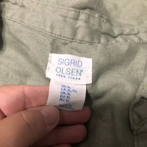 Sigrid Olsen 100% linen green v neck button down long sleeve women’s size XL