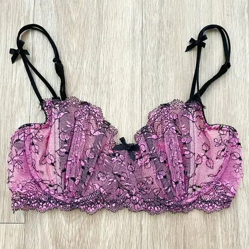 Victoria's Secret Victoria’s Secret Vintage Y2K Pink Black Bow Floral Lace Balconette Bustier Bra