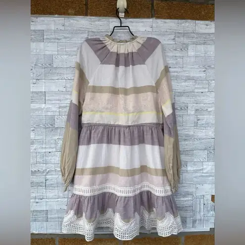 HEMANT & NANDITA Mana Striped Embroidered Cotton Blend Mini Dress small Tan