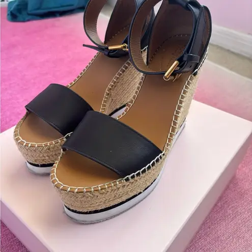 Chloé Glyn Espadrille Wedge Sandal in Black Leather