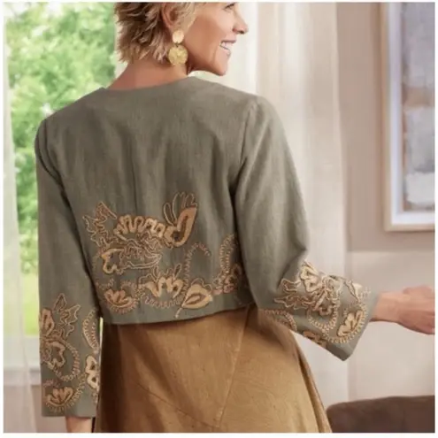 Soft Surroundings Turks Bolero Crop Jacket Medium Olive Green Boho Embroidered