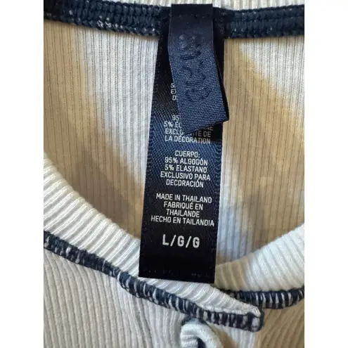 SKIMS Stretch Cotton Rib Long Sleeve Crop Henley -Marble/Navy (L) NEW